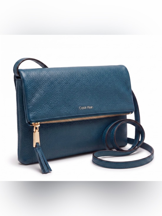 Calvin Klein Handbags - Calvin Klein Blue Pebbled Leather Fold-Over Crossbody
